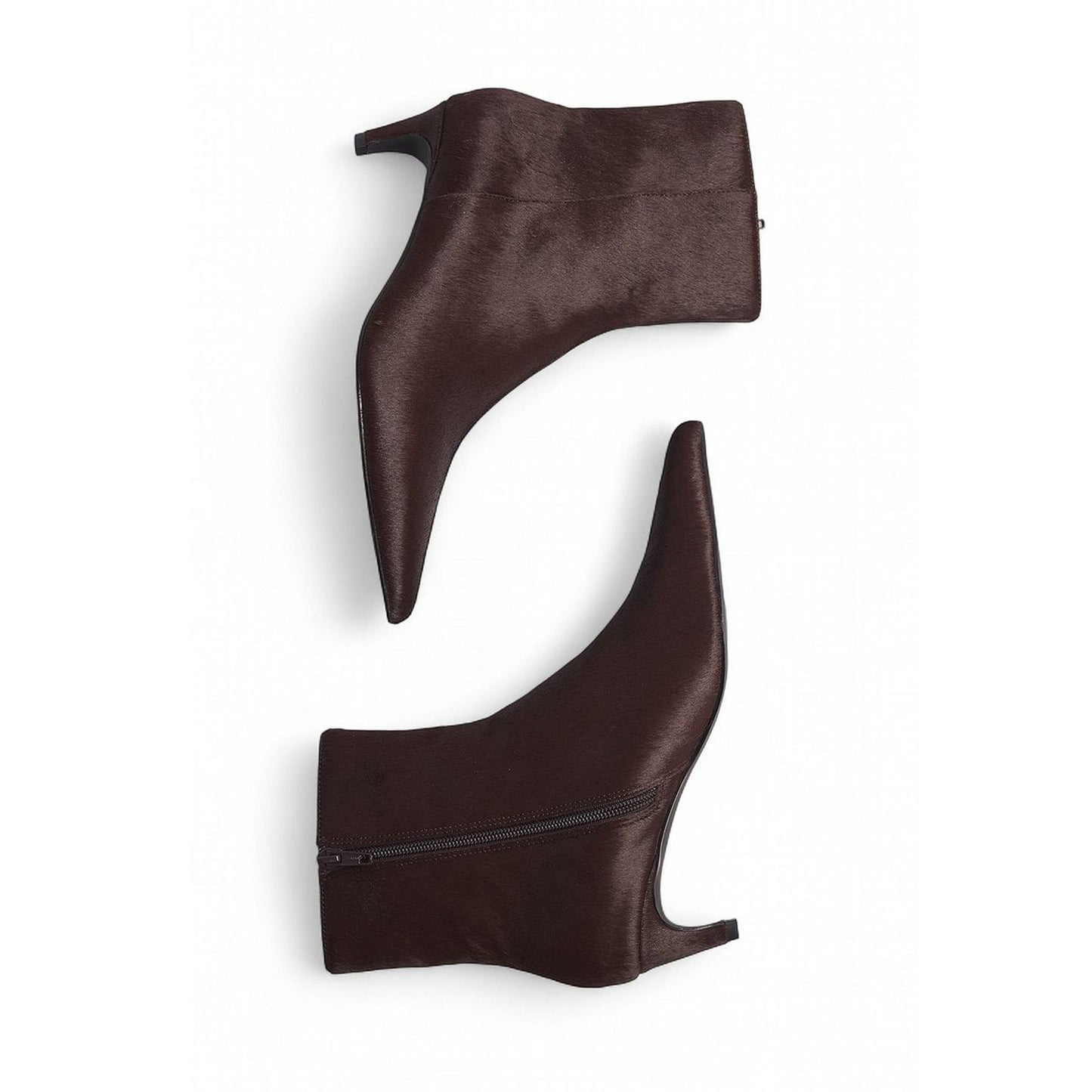 Brown Pony Hair Vegan Leather Pointed-Toe Full-Zip Ankle Stiletto Boots