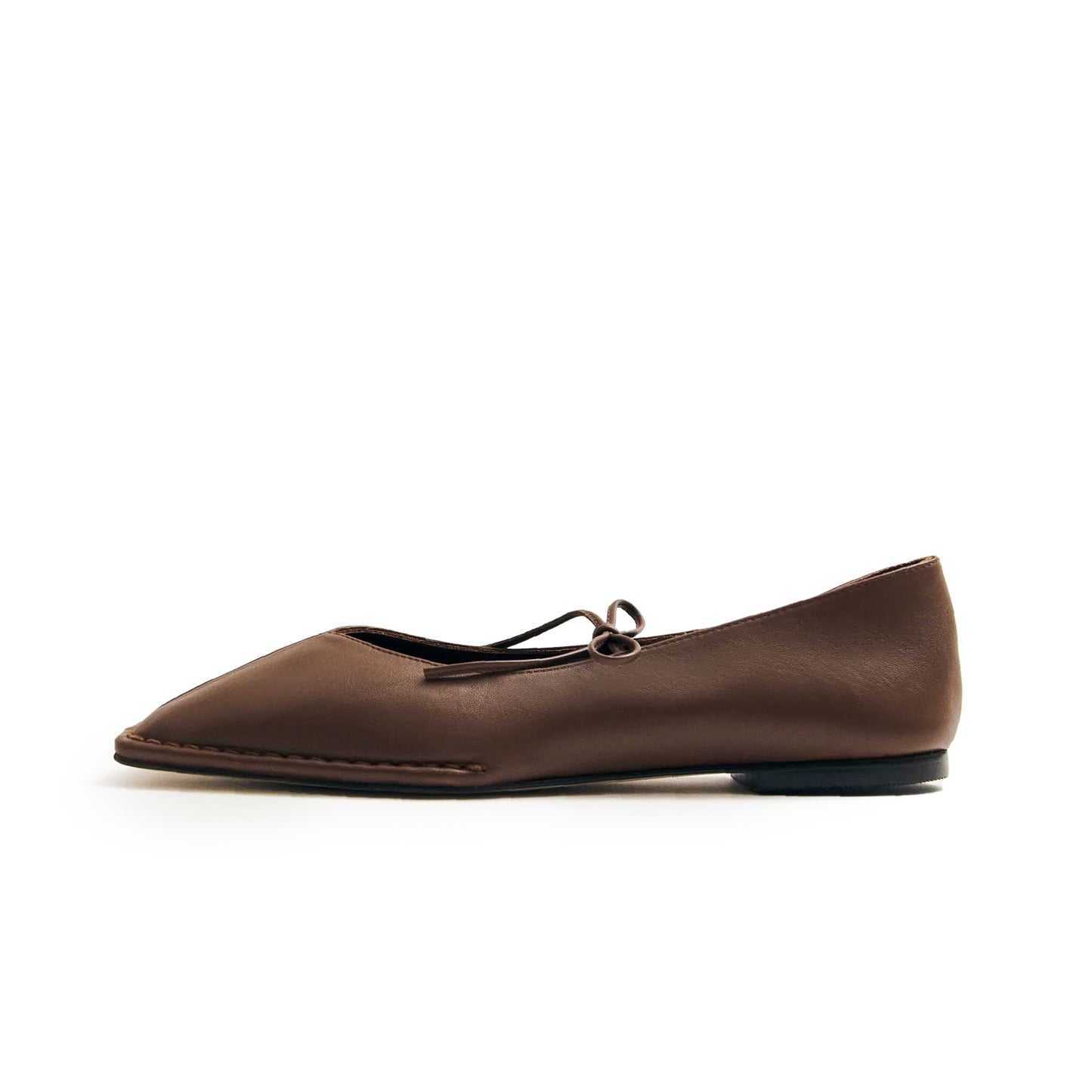 Brown Square-Toe V-Cut Vamps Bridge Self-Tie Bow Ballet Flats