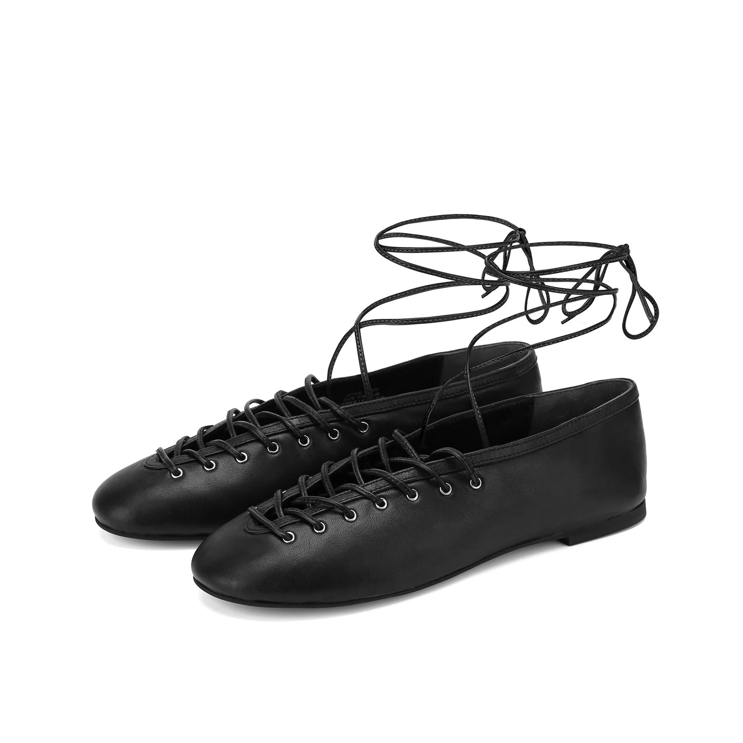 Black Vegan Leather Round-Toe Ankle Lacing Detail Lace-Up Flats