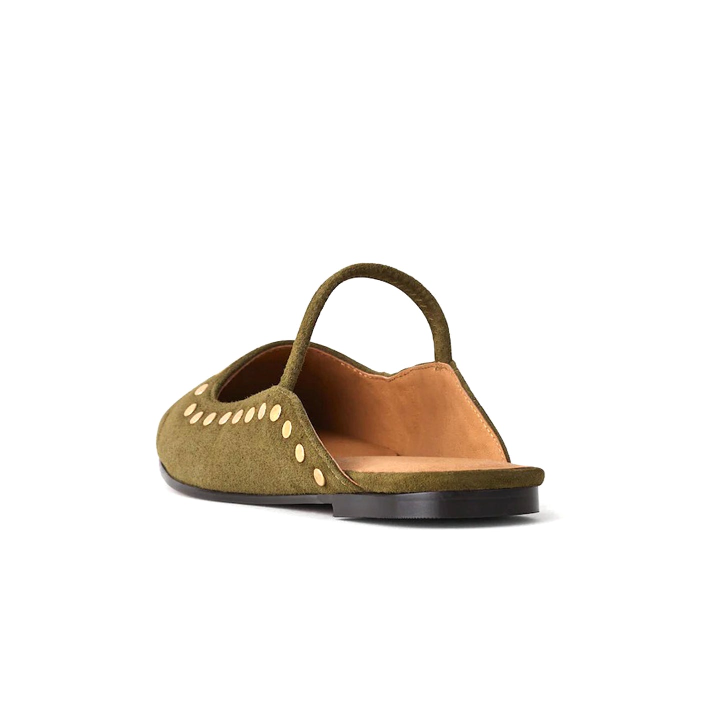 Olive Green Faux Suede Square-Toe Bridge Strap Studded Slip-On Flats