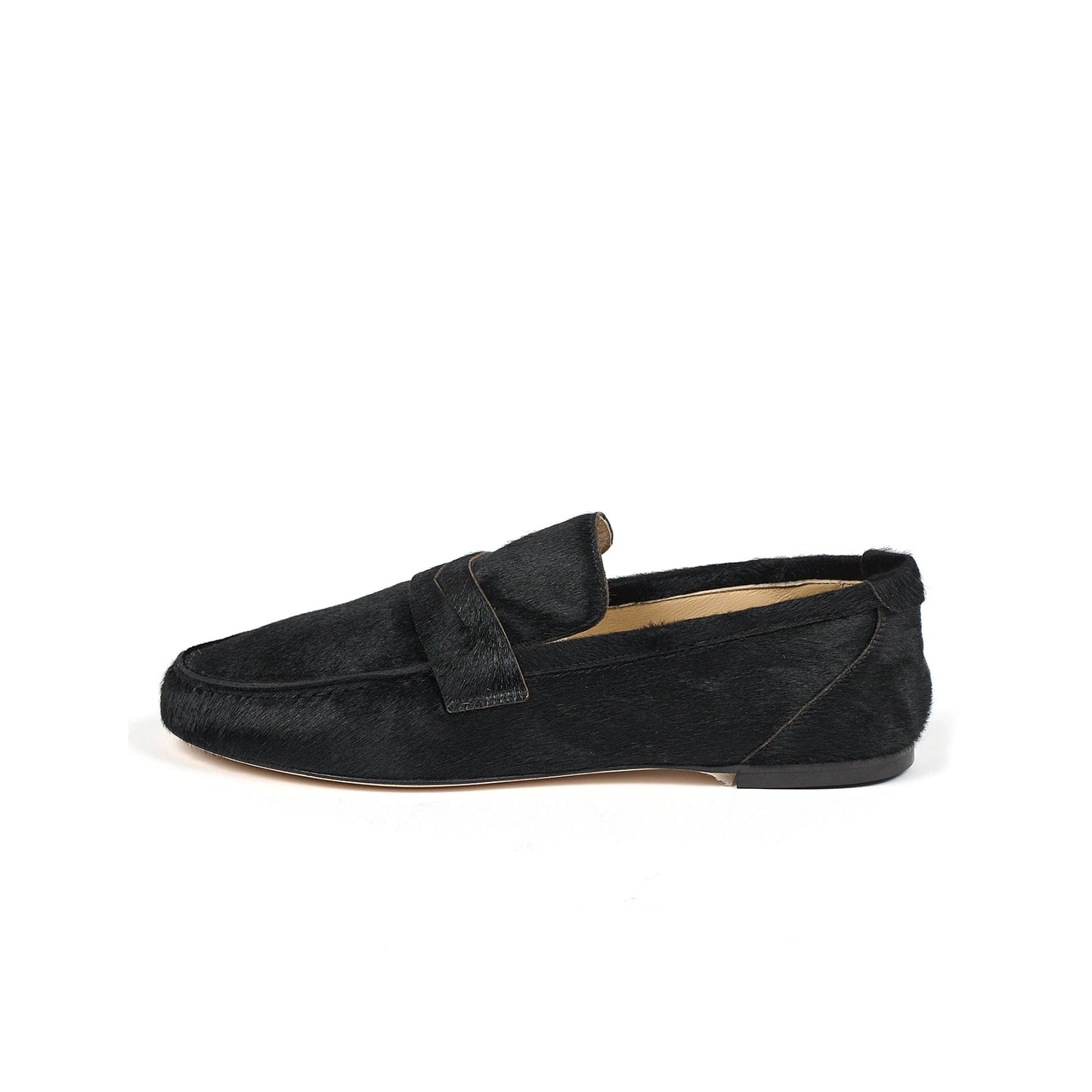 Black Pony Hair Vegan Leather Round-Toe Slip-On Chic Loafers Flats