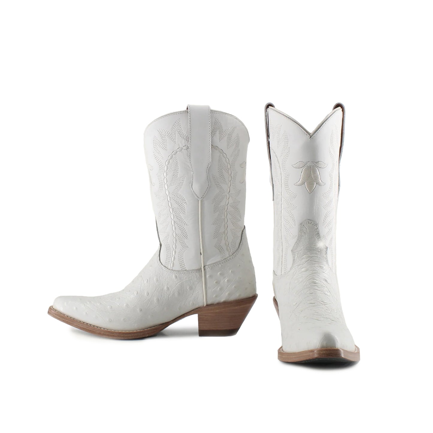White Ostrich-Patterned Snip-Toe Embroidery Mid Calf Cowgirl Boots