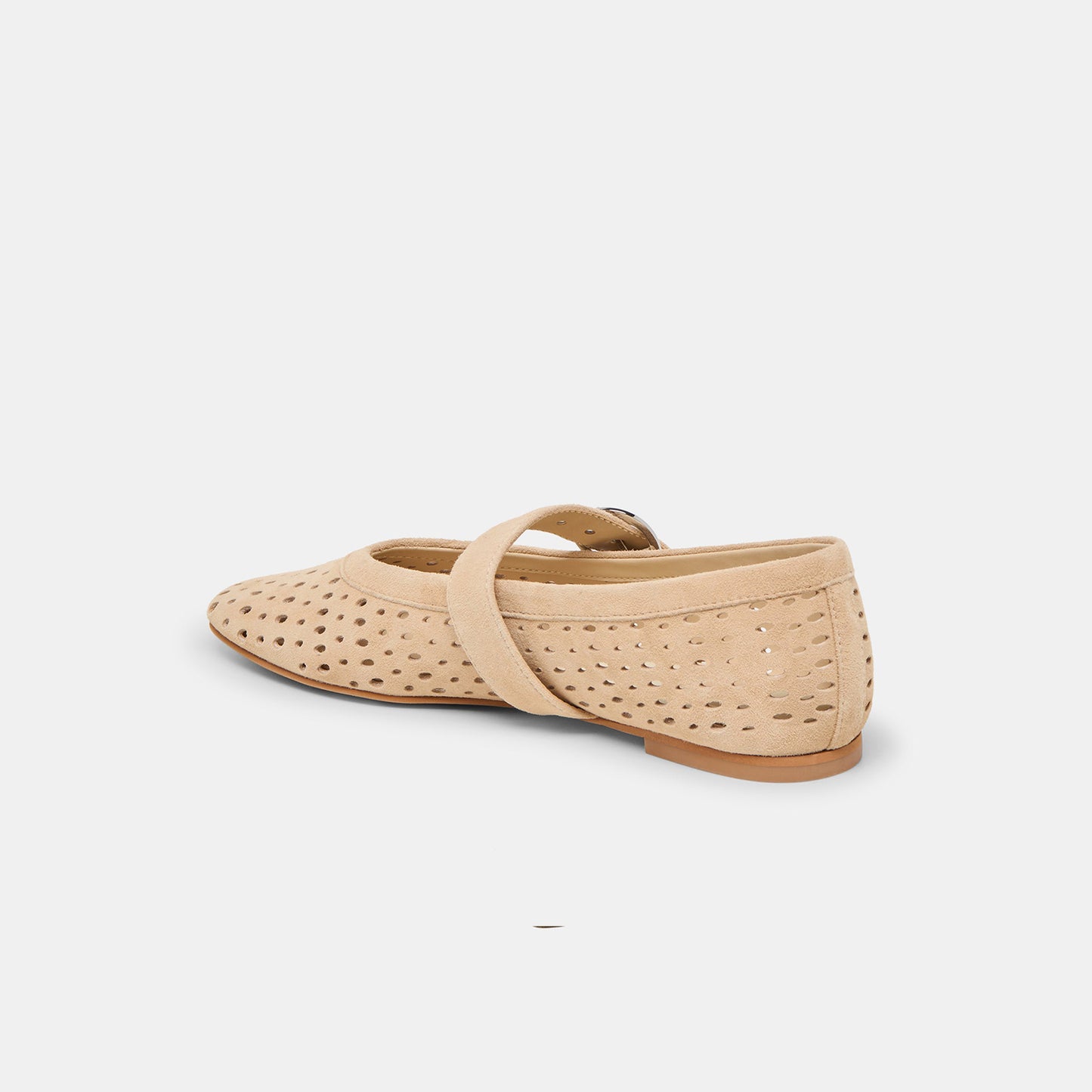 Camel Perforated Faux Suede Square-Toe Mary Janes Ballet Flats