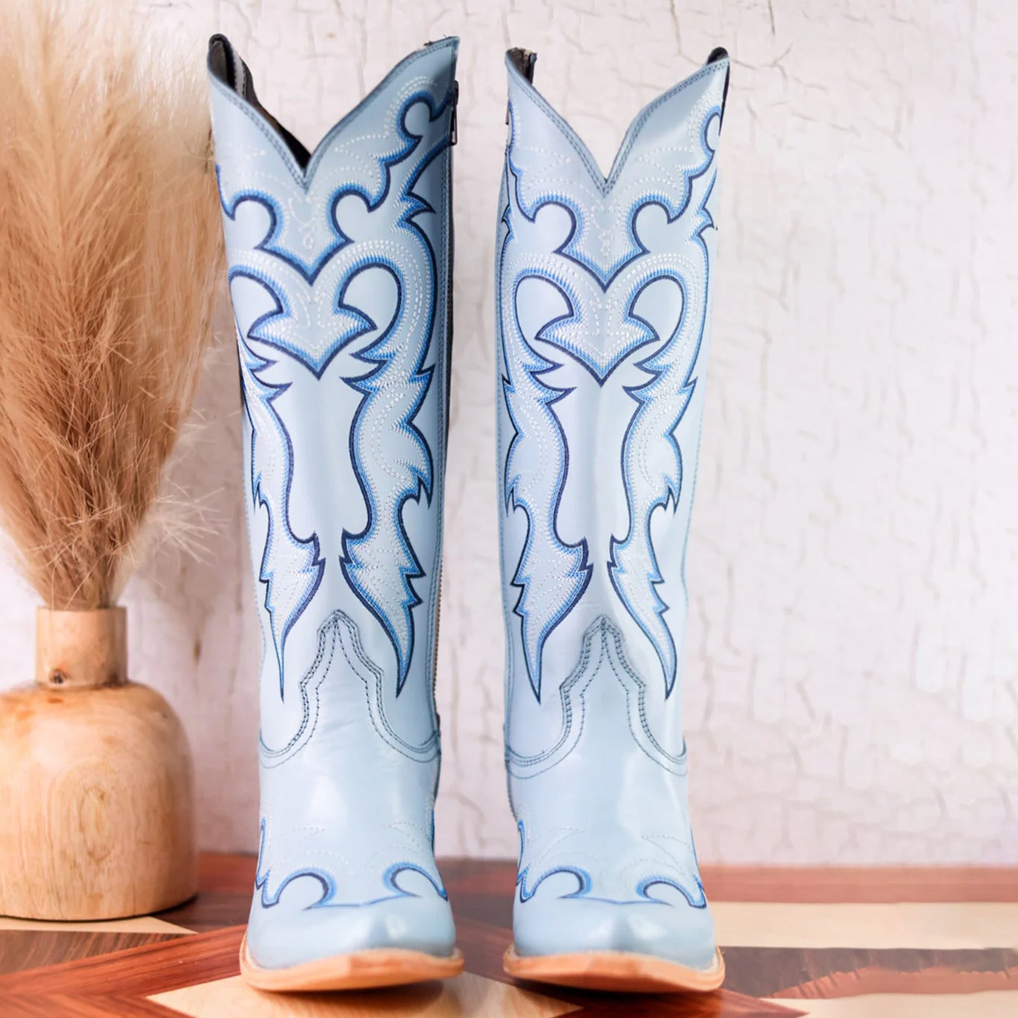 Pastel Blue Almond-Toe Embroidery Tall Wide Calf Knee High Cowgirl Boots