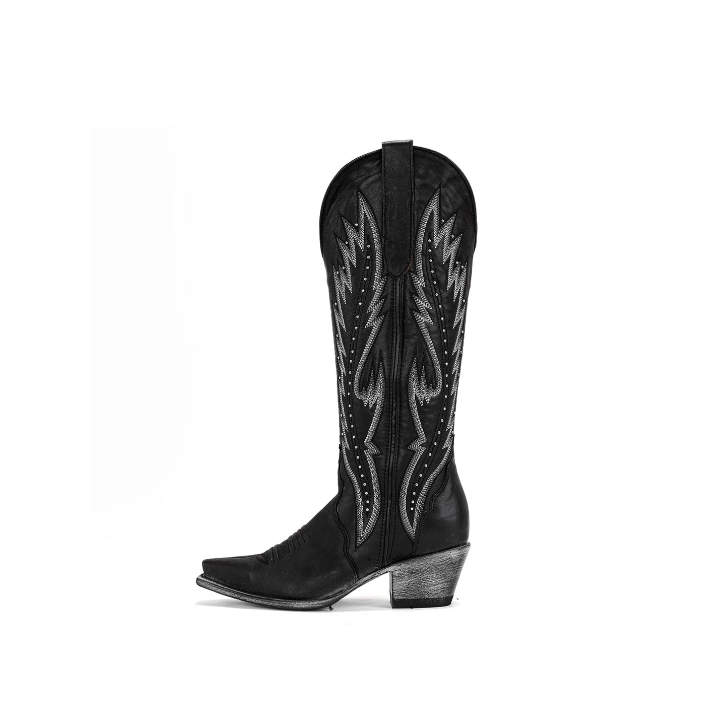 Black Snip-Toe Studs And Embroidery Wide Calf Knee High Cowgirl Boots