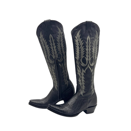 Black Lizard-Patterned Snip-Toe Embroidery Half-Zip Knee High Cowgirl Boots