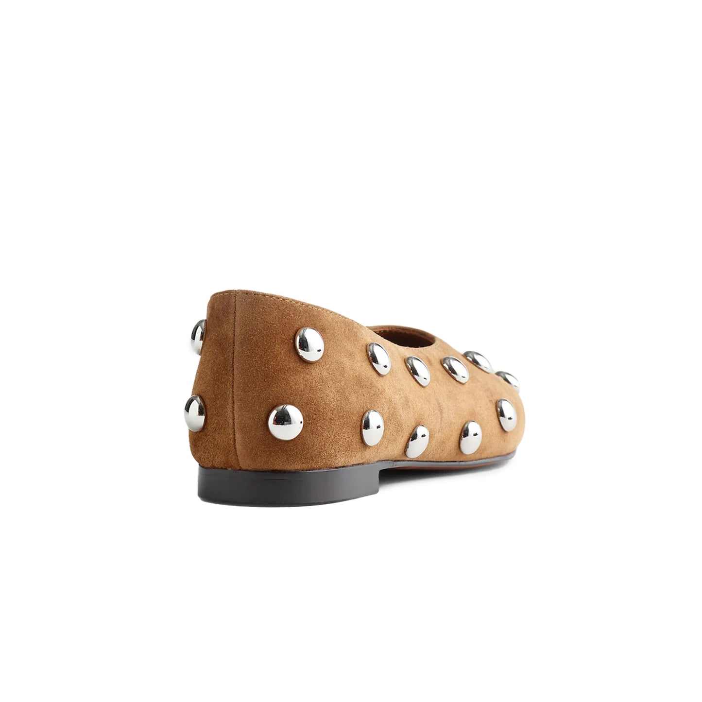 Brown Faux Suede Studded Square-Toe Ballet Flats