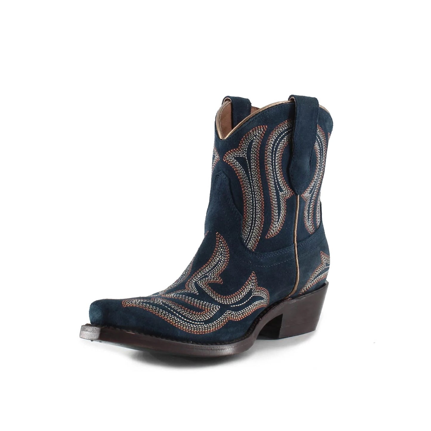 Dark Blue Faux Suede Snip-Toe Embroidery Ankle Cowgirl Boots