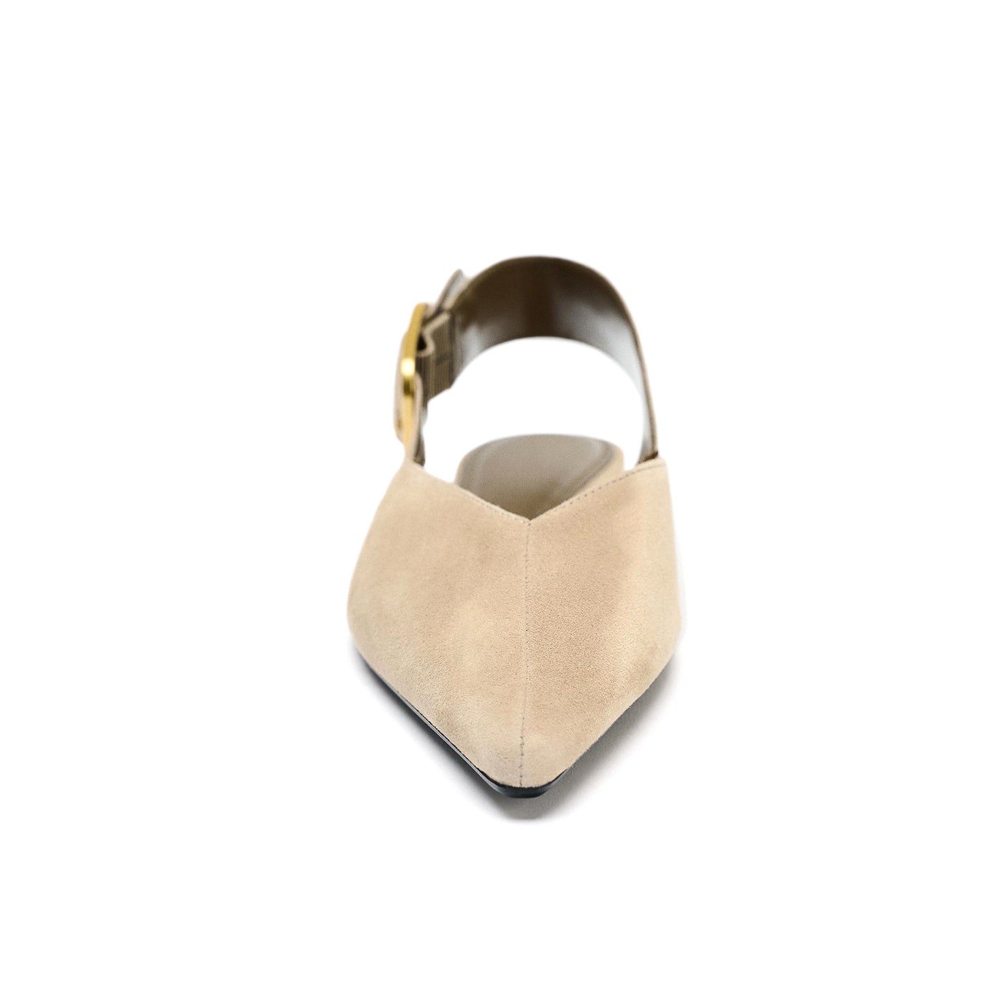 Beige Faux Suede Pointed-Toe Slingback Buckle Flats