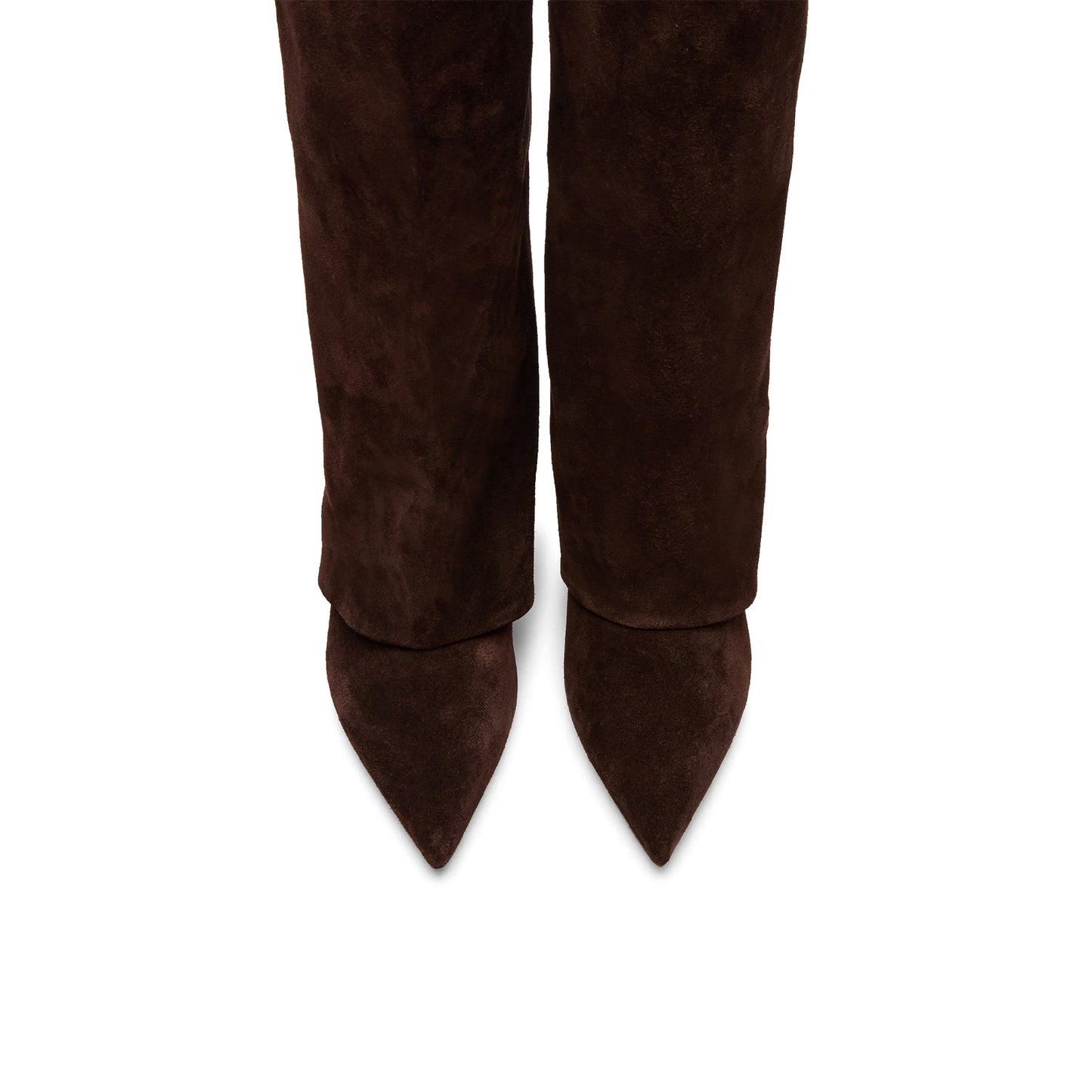 Brown Faux Suede Pointed-Toe Fold-Over Wide Calf Knee High Stiletto Boots