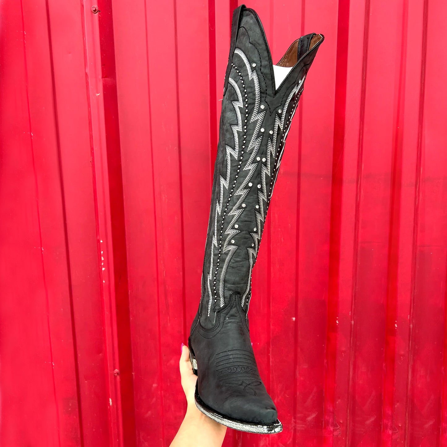 Black Snip-Toe Embroidery Rhinestone Wide Calf Knee High Cowgirl Boots