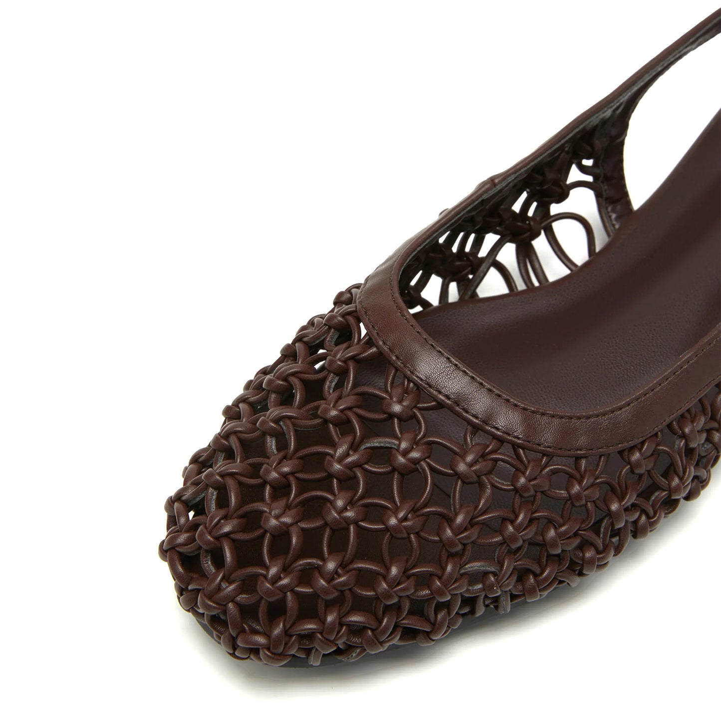 Coffee Woven Vegan Leather Square-Toe Back Buckle Strap Flats