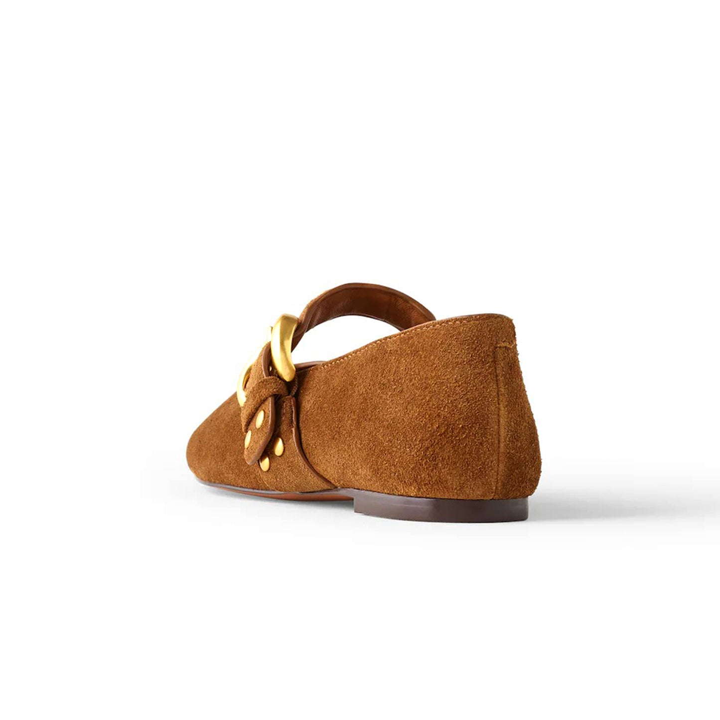 Brown Faux Suede Round-Toe Buckle Bridge Strap Slip-On Flats