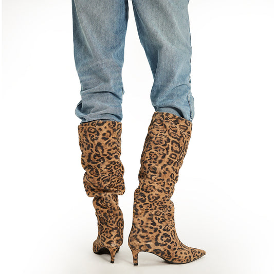 Leopard Faux Suede Pointed-Toe Wide Calf Knee High Stiletto Boots