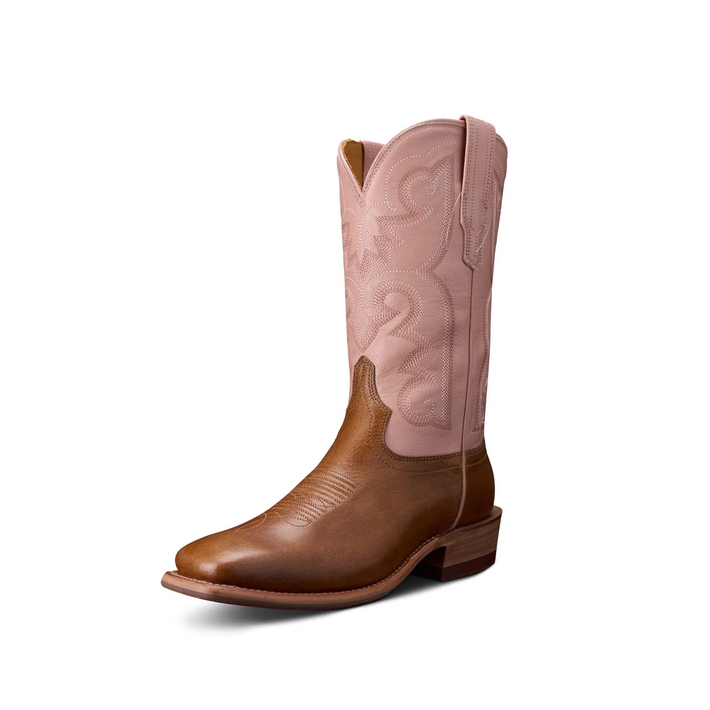 Contrast Tan And Pink Square-Toe Western Embroidery Mid Calf Cowgirl Boots