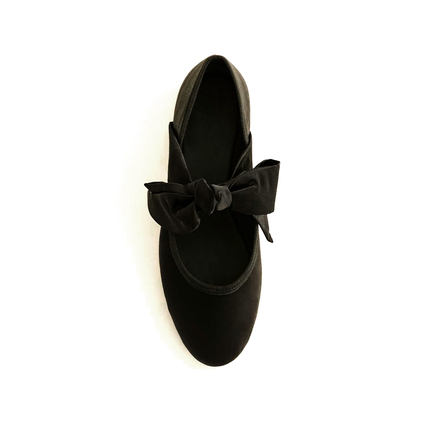Black Satin Round-Toe Bridge Bow Strap Ballet Flats