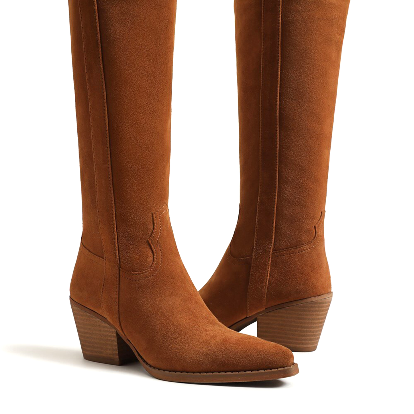 Brown Faux Suede Pointed-Toe Half-Zip Knee High Cowgirl Boots