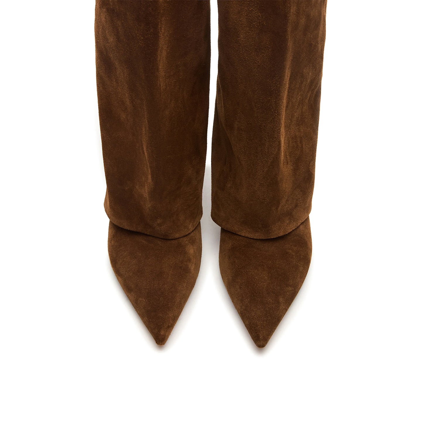 Chestnut Faux Suede Pointed-Toe Fold-Over Wide Calf Knee High Stiletto Boots