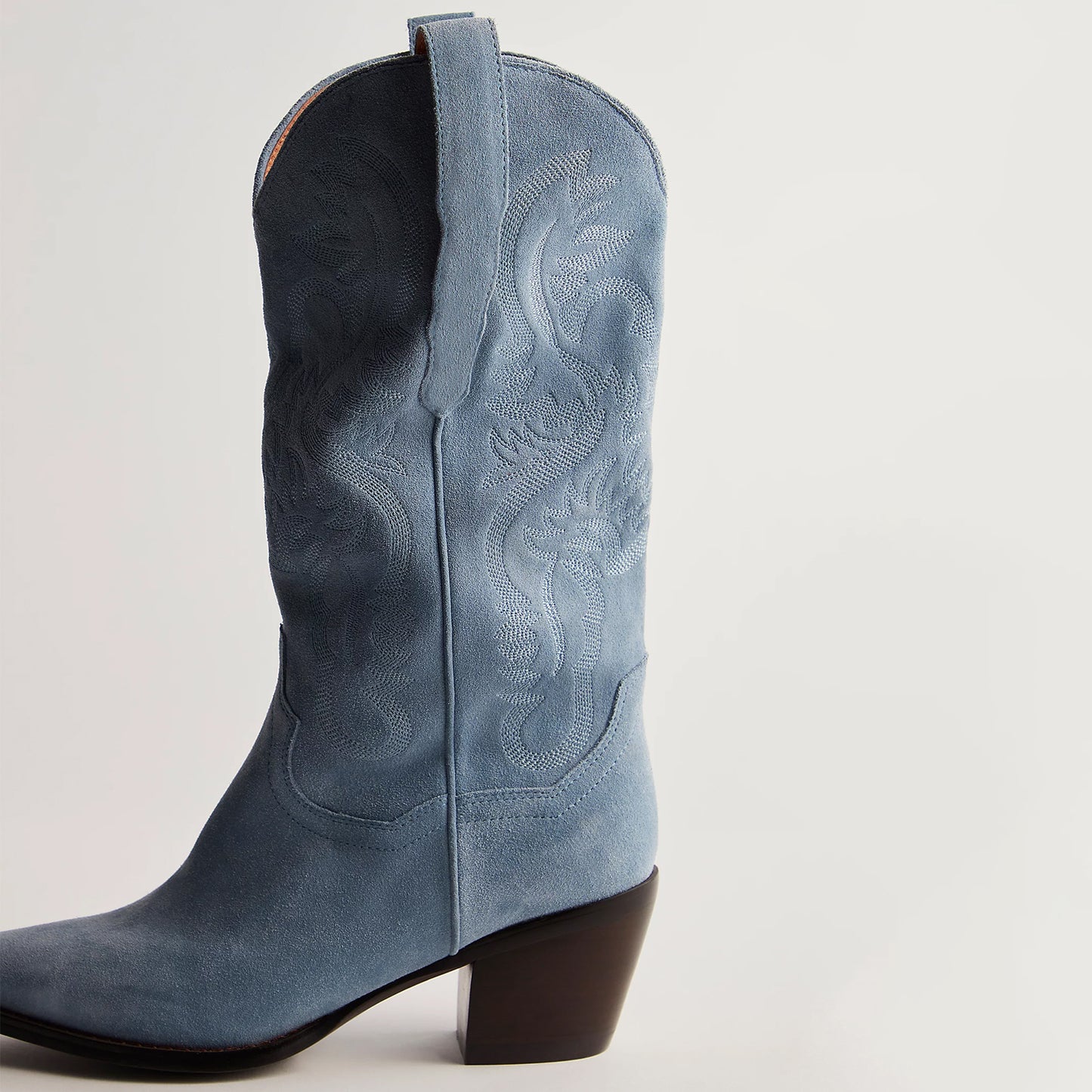 Blue Faux Suede Snip-Toe Classic Embroidery Mid Calf Cowgirl Boots