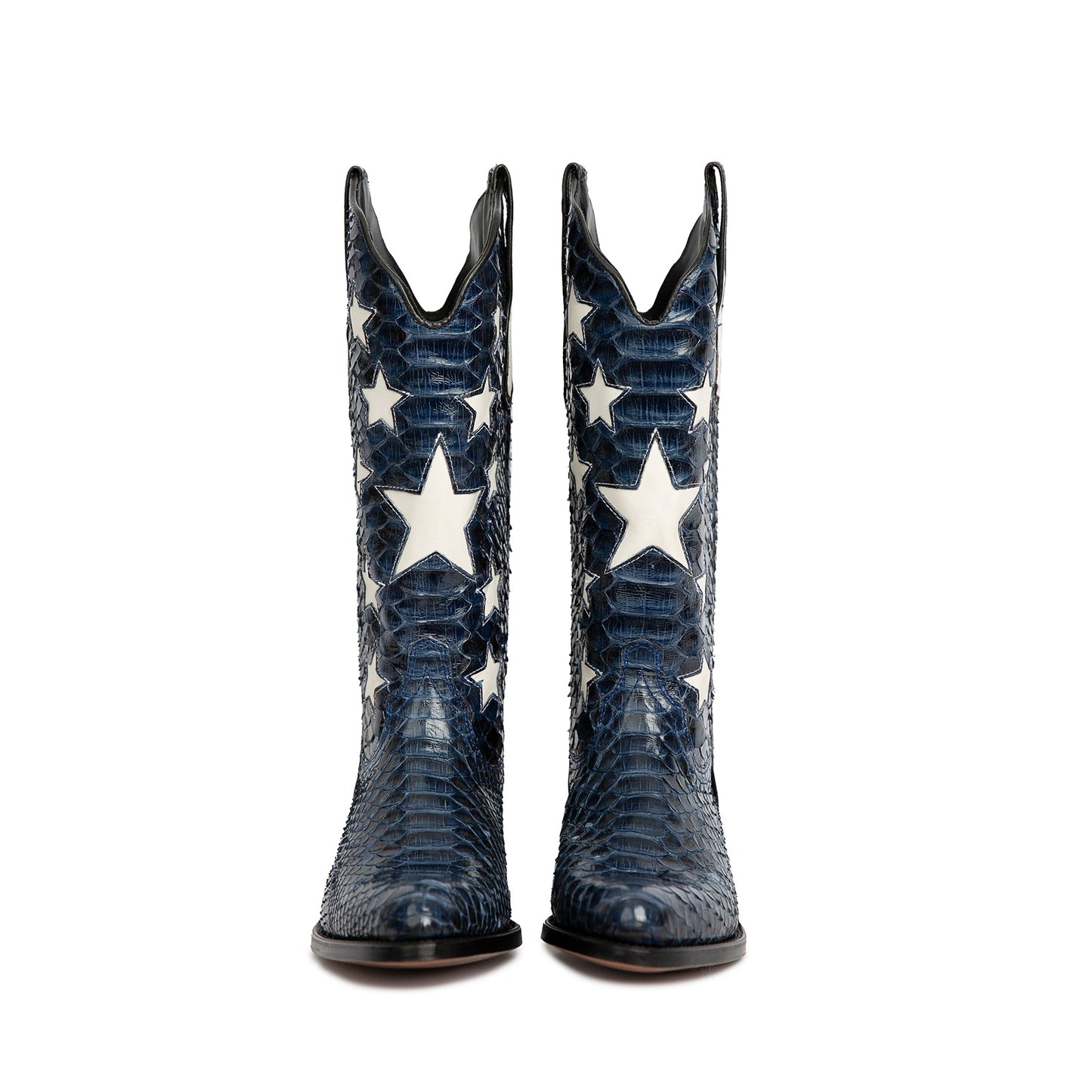 Blue Snakeskin Print Round-Toe Stars Inlays Mid Calf Cowgirl Boots