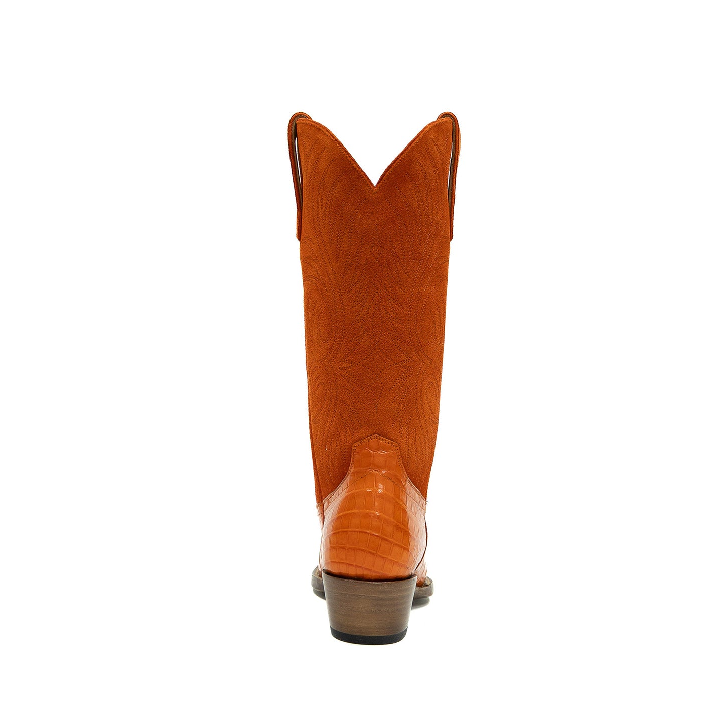 Orange Contrast Faux Suede And Crocodile Print Snip-Toe Embroidery Mid Calf Cowgirl Boots