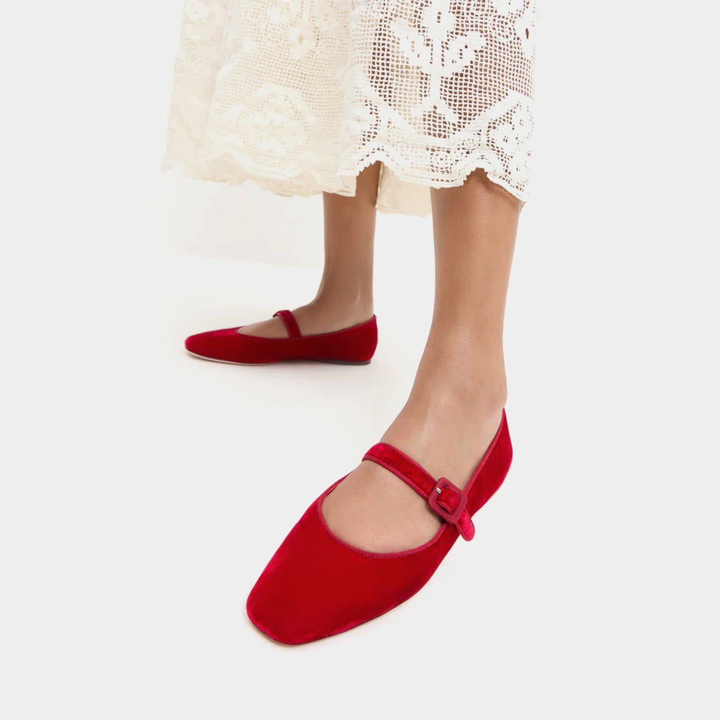 Red Velvet Square-Toe Bridge Strap Ballet Flats
