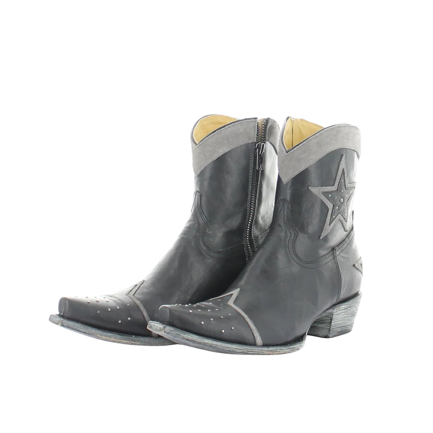 Black Snip-Toe Studded And Star Applique Ankle Cowgirl Boots