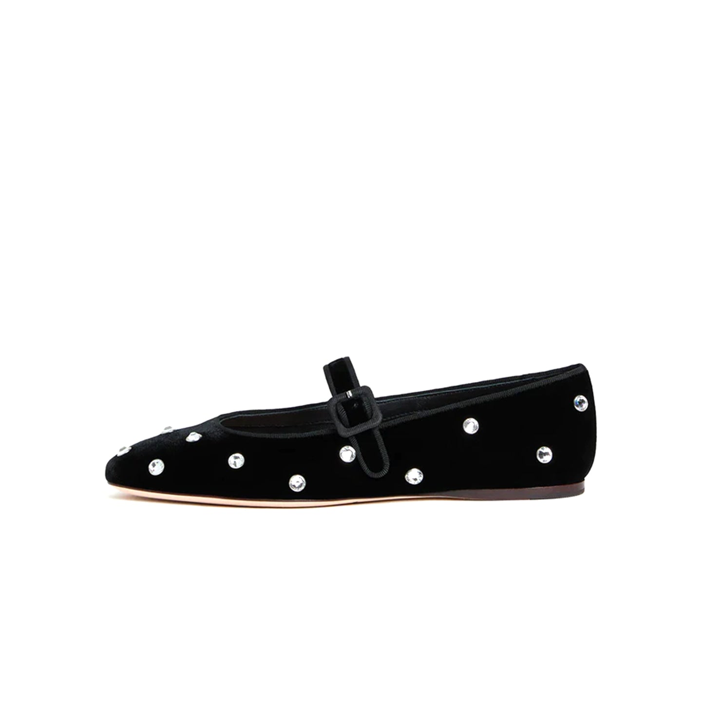 Black Velvet Square-Toe Bridge Strap Ballet Flats With Rhinestones