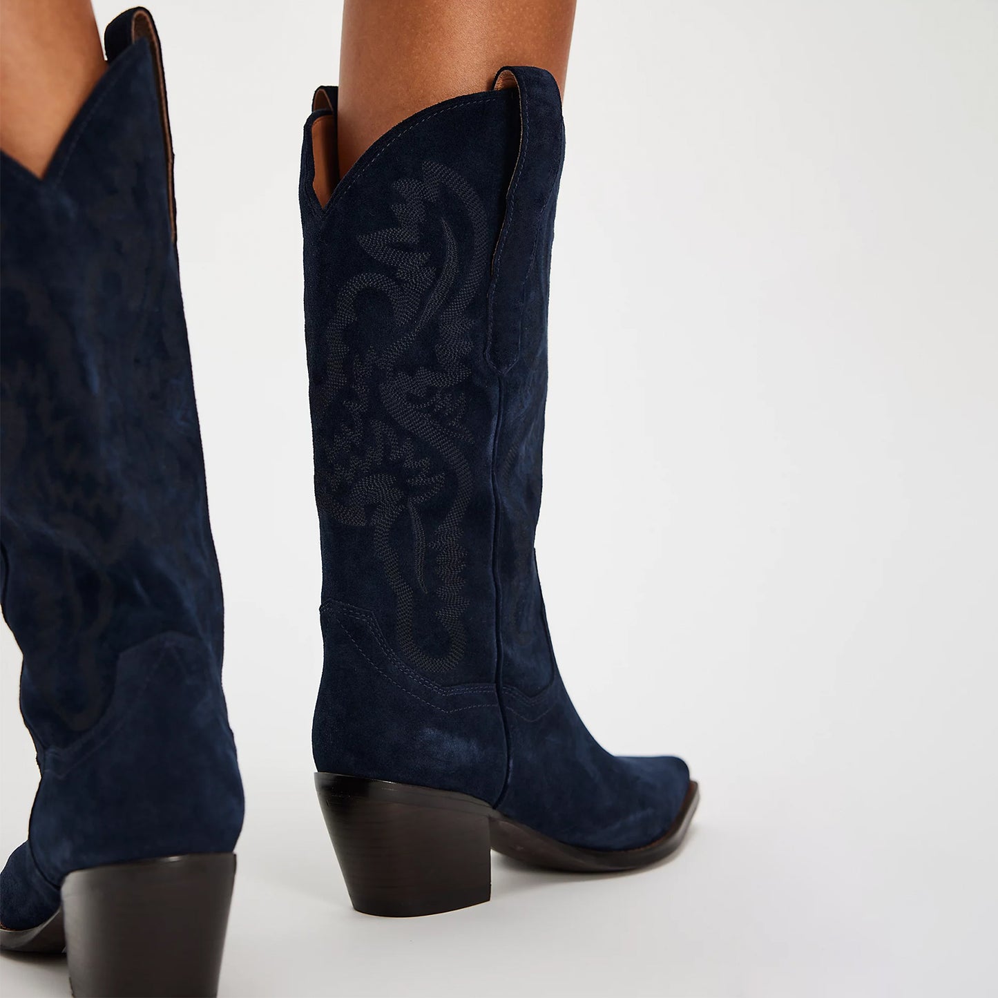 Navy Blue Faux Suede Snip-Toe Classic Embroidery Mid Calf Cowgirl Boots