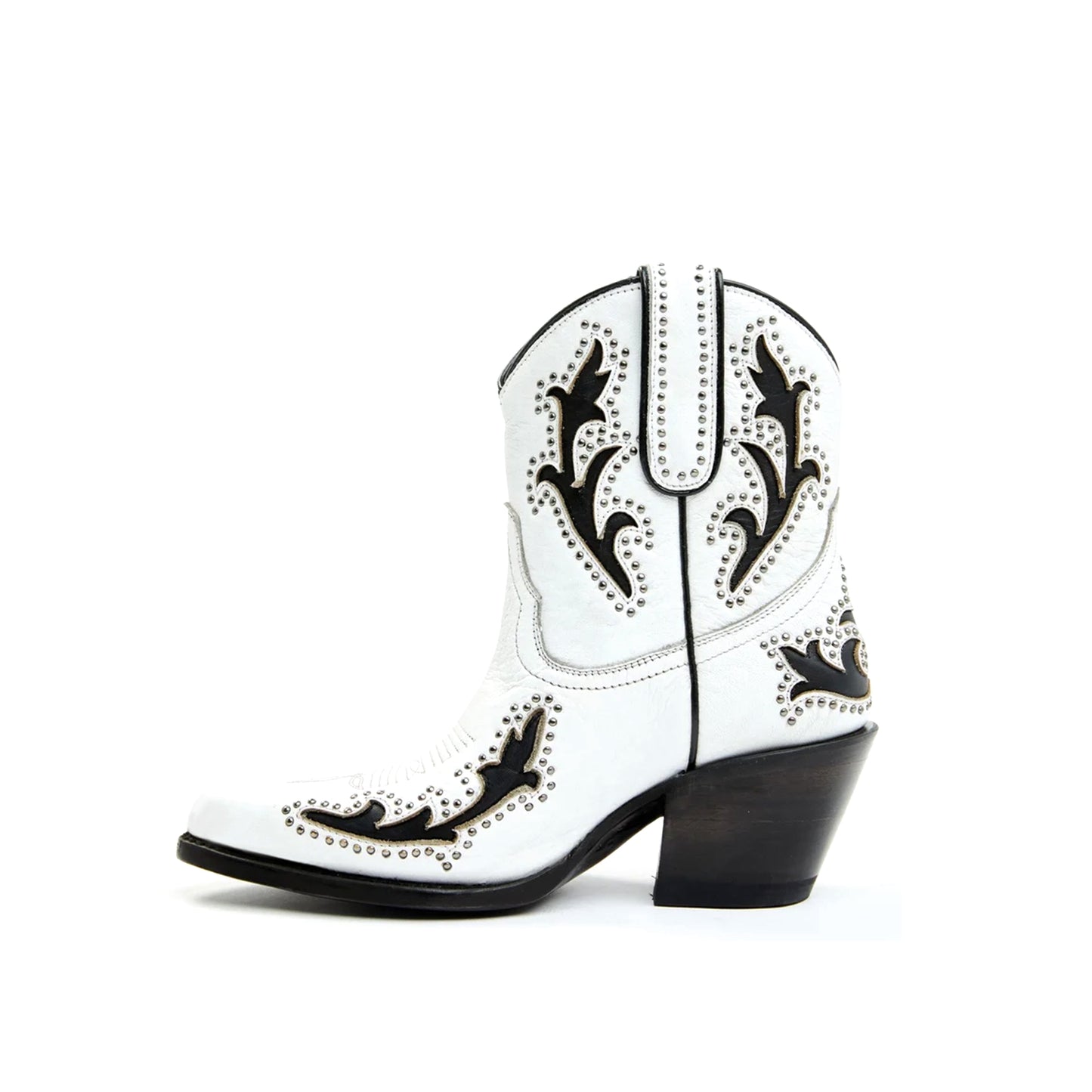 White Almond-Toe Black Inlay Studded Ankle Cowgirl Boots