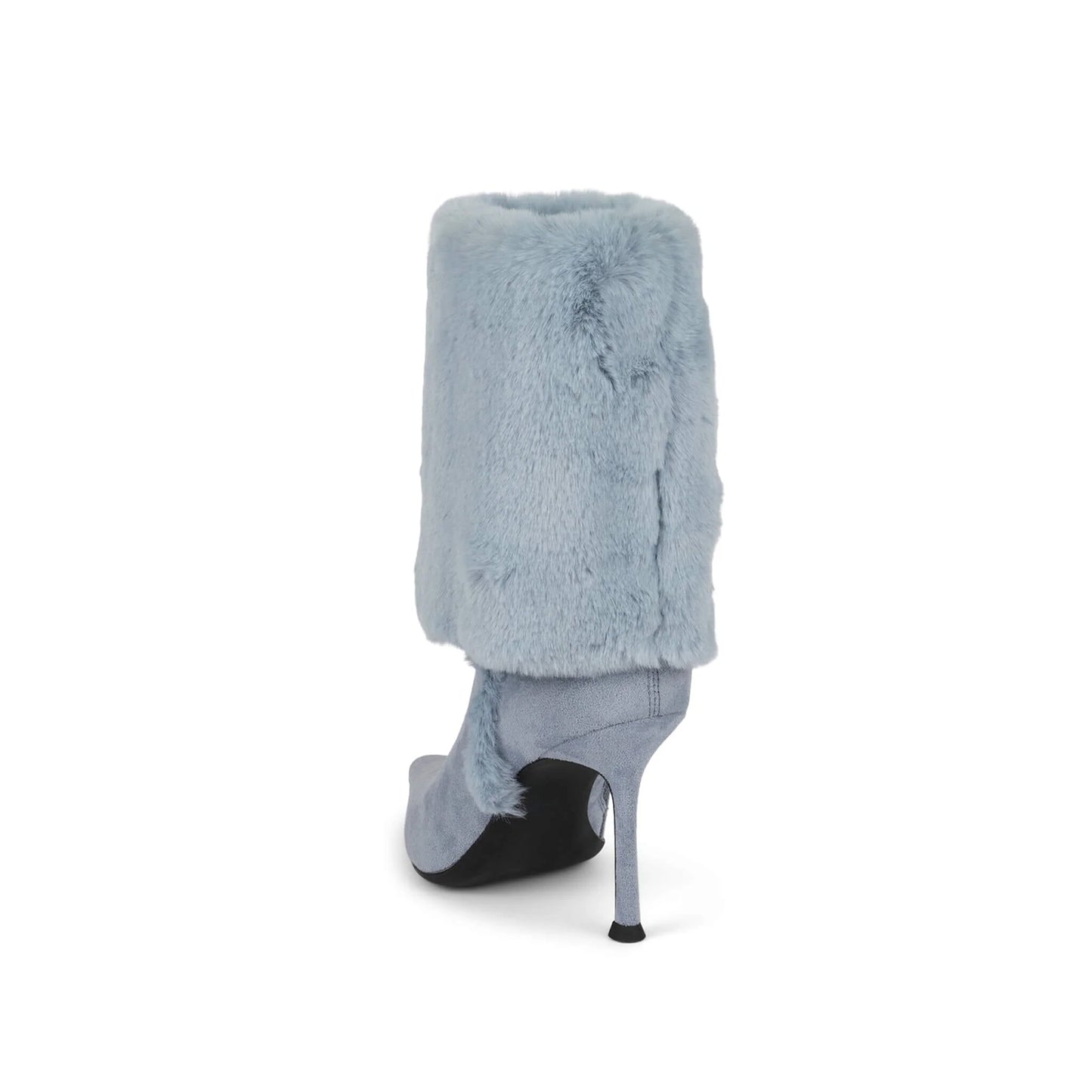 Blue Faux Suede Pointed-Toe Plush Fold-Over Knee High Stiletto Boots