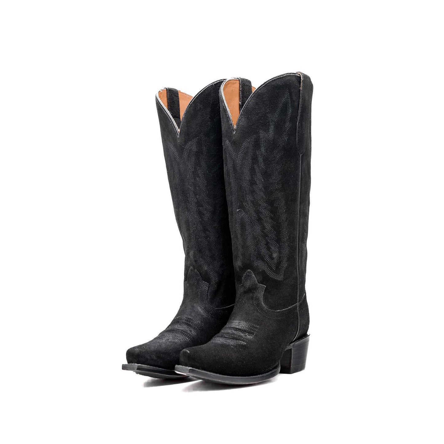 Black Faux Suede Snip-Toe Half-Zip Embroidery Mid Calf Cowgirl Boots