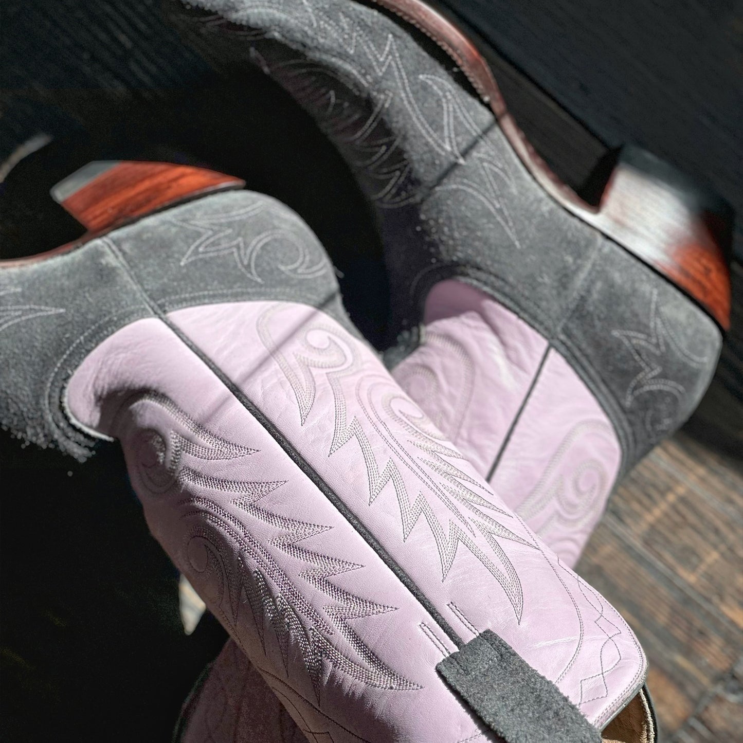 Contrast Lavender And Gray Faux Suede Snip-Toe Embroidery Mid Calf Cowgirl Boots