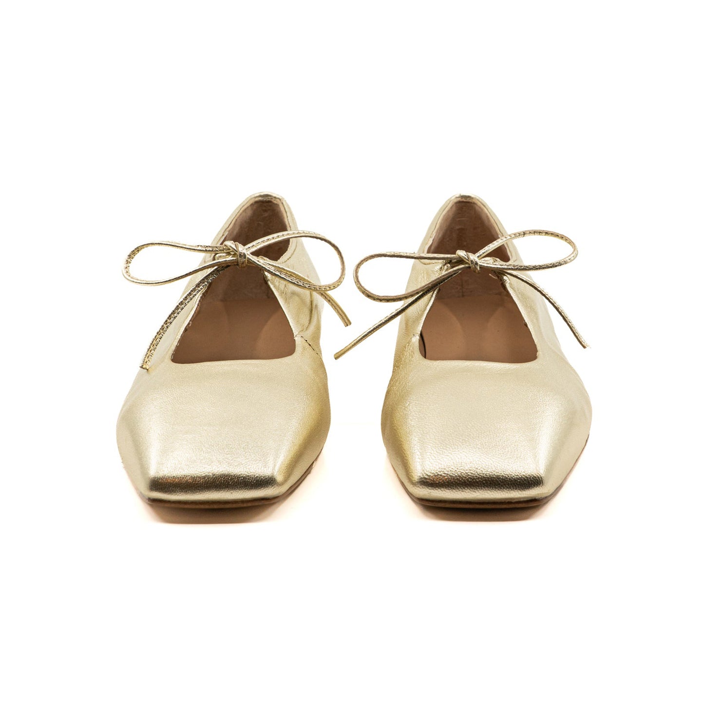 Metallic Gold Vegan Leather Square-Toe Vamp Strap With Bow Ballet Flats