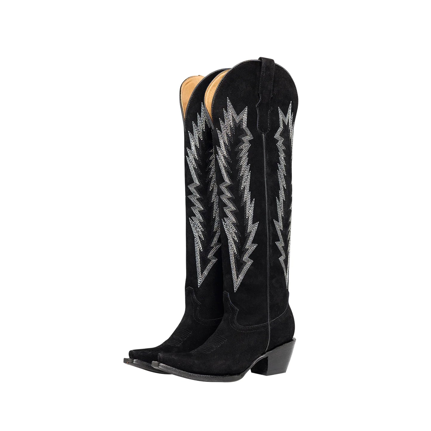Black Faux Suede Snip-Toe Embroidery Wide Calf Over-The-Knee Cowgirl Boots