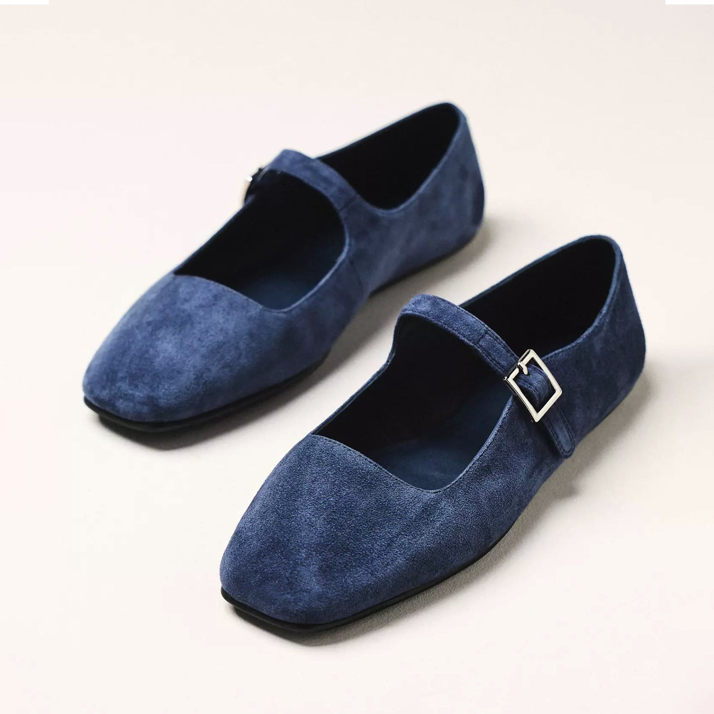 Blue Faux Suede Square-Toe Bridge Strap Mary Janes Flats