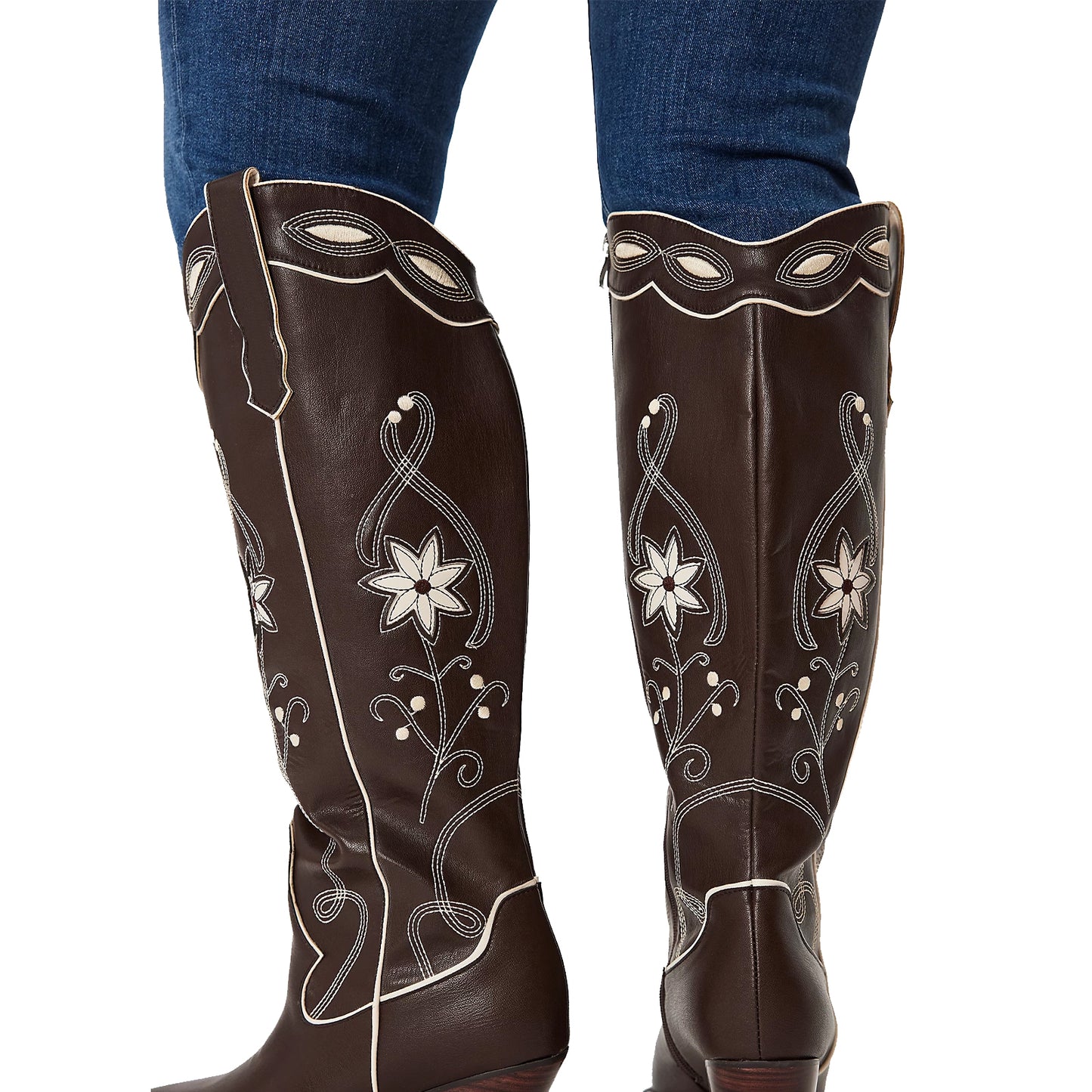 Chocolate Pointed-Toe Ivory Embroidery Flower Inlay Full-Zip Knee High Cowgirl Boots