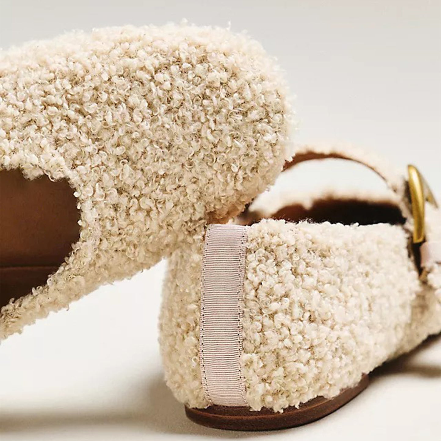 Nude Plush Square-Toe Buckle Bridge Strap Ballet Flats