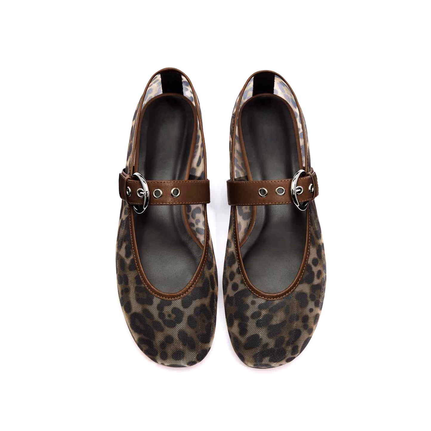 Leopard Mesh Square-Toe Classic Buckle Bridge Strap Ballet Flats