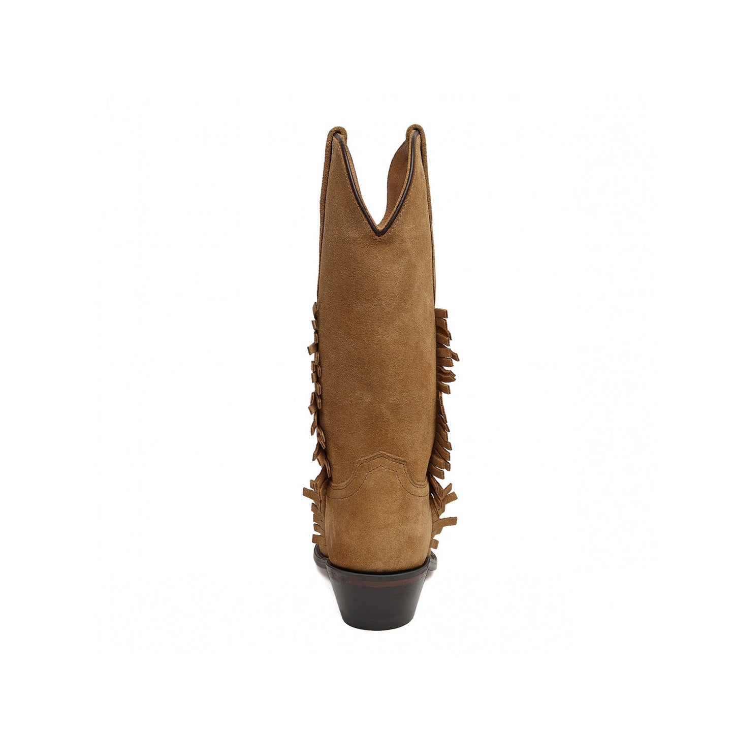 Cognac Faux Suede Snip-Toe Short Fringe Mid Calf Cowgirl Boots