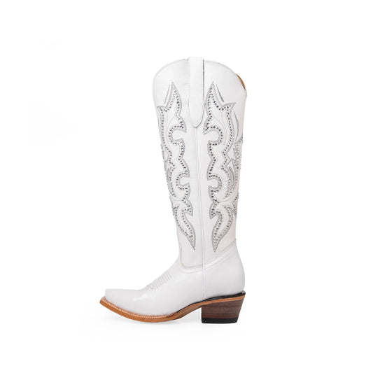 White Snip-Toe Rhinestone And Embroidery Half-Zip Knee High Cowgirl Boots