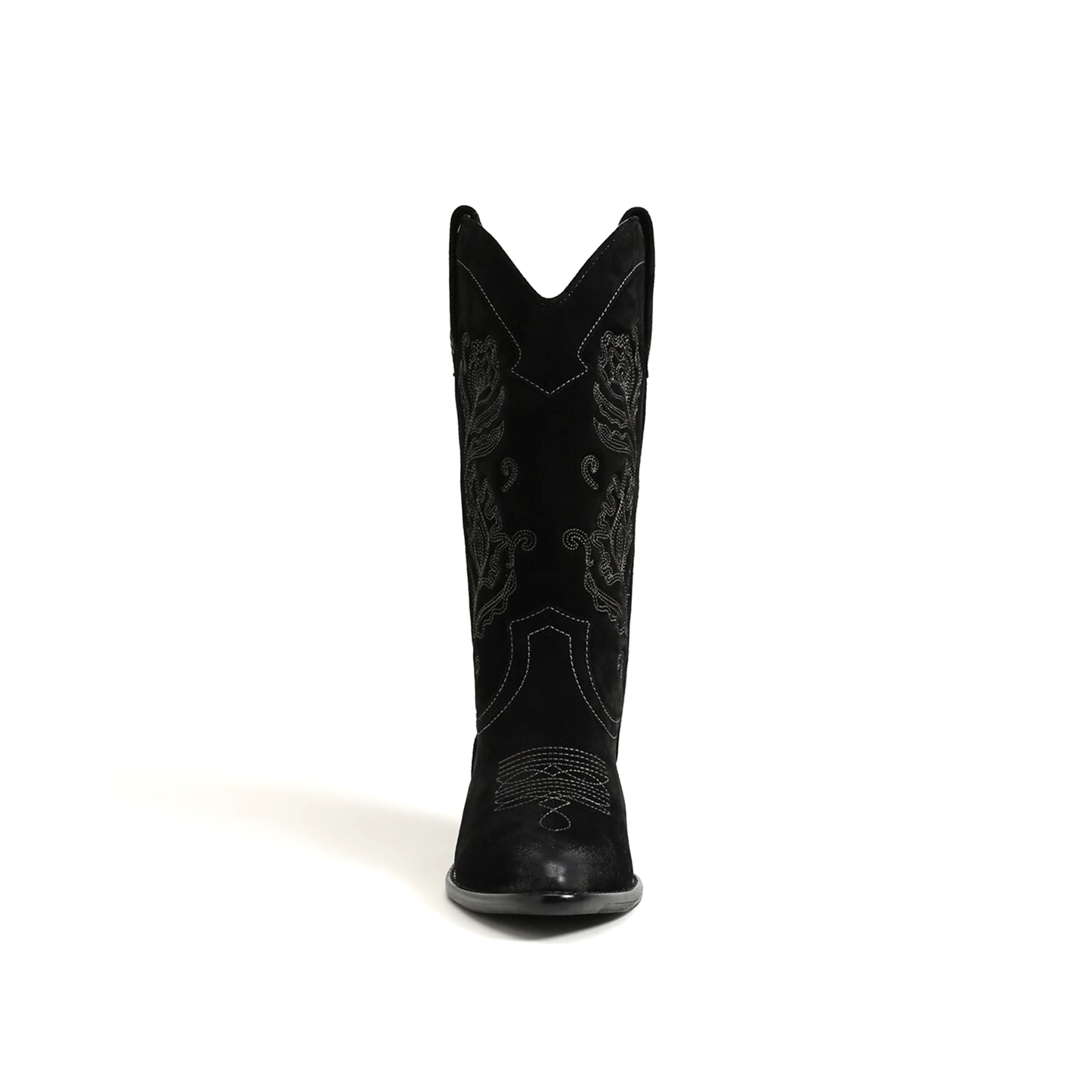 Black Faux Suede Almond-Toe Flowers Embroidery Mid Calf Cowgirl Boots