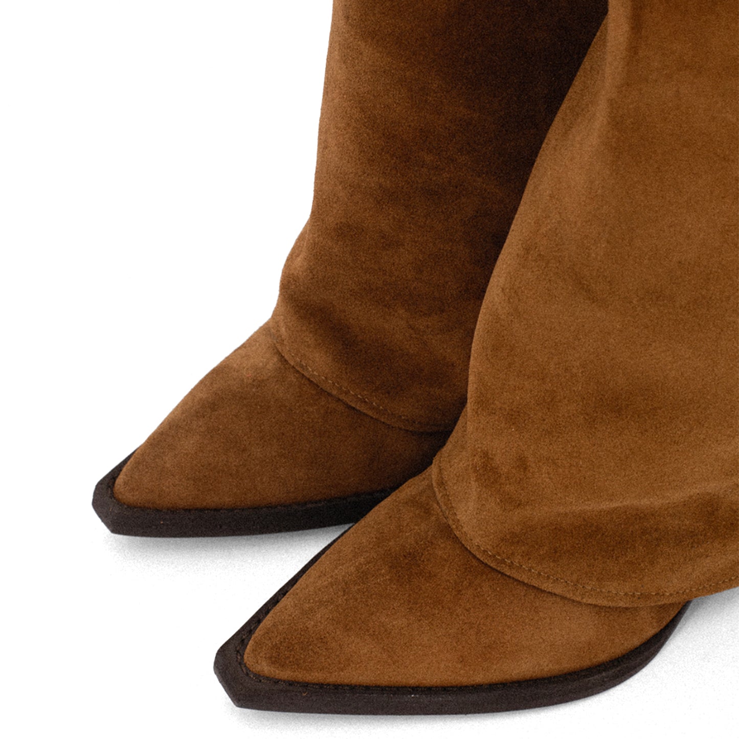 Tan Faux Suede Pointed-Toe Fold-Over Side Lace-Up Mid Calf Cowgirl Boots