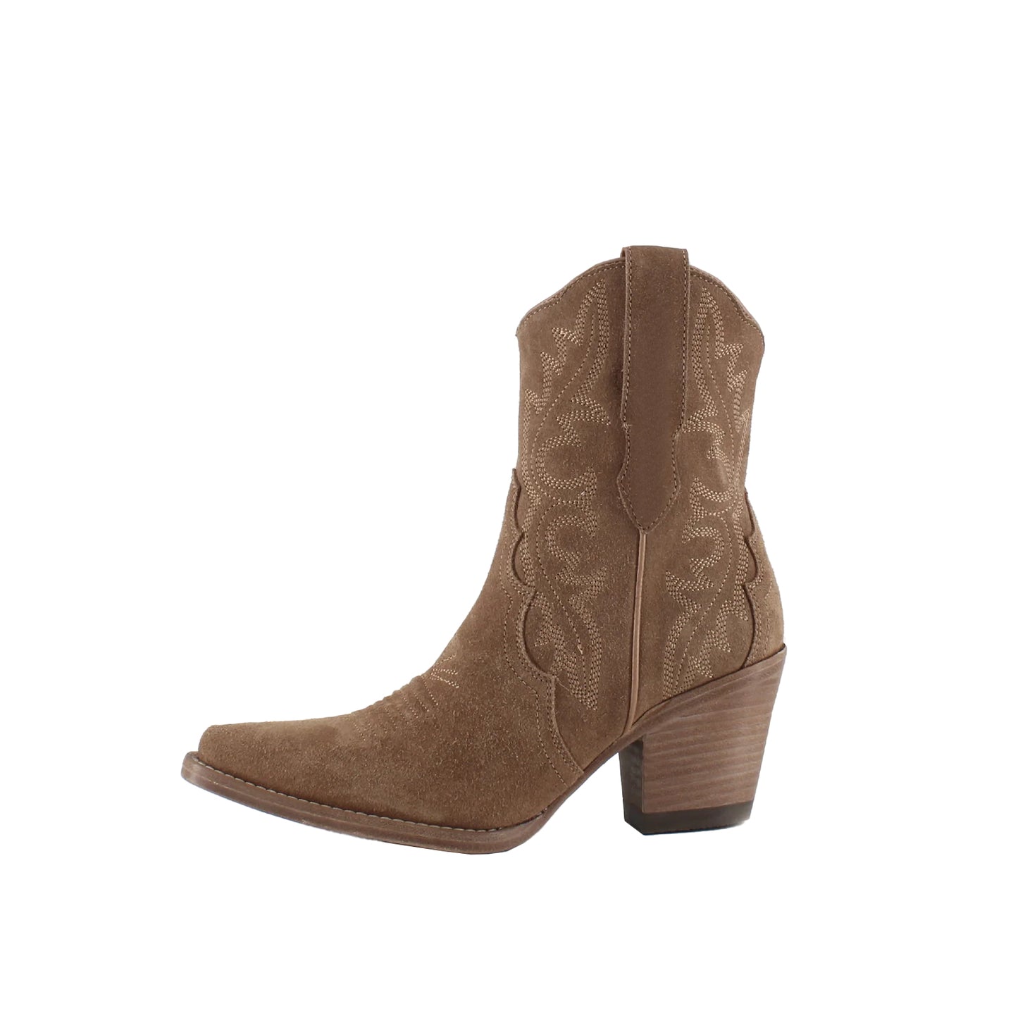 Brown Faux Suede Snip-Toe Embroidery Ankle Cowgirl Boots