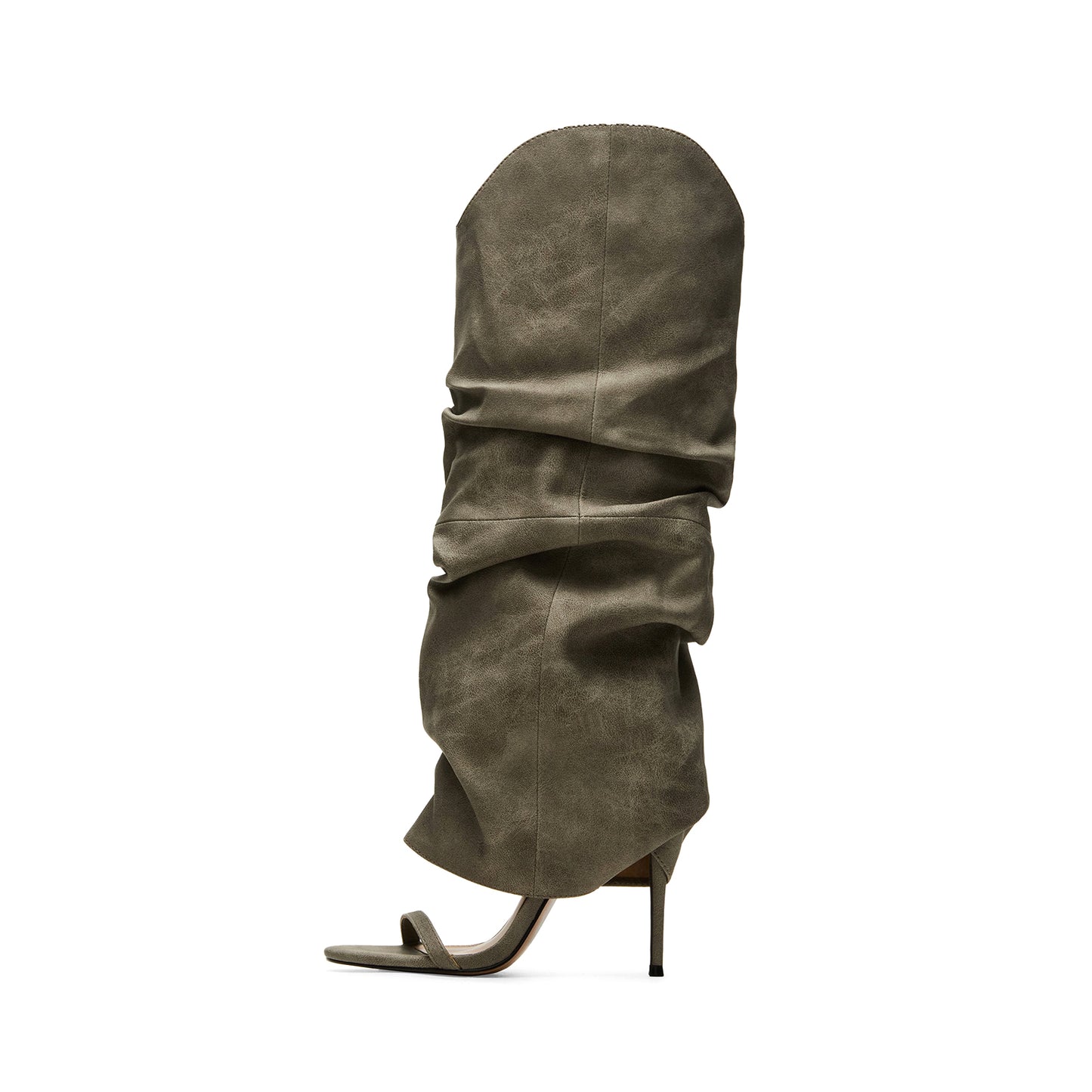 Gray Open Round-Toe Fold-Over Wide Calf Knee High Stiletto Boots
