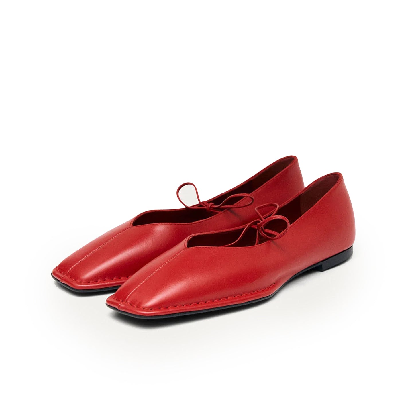 Red Square-Toe V-Cut Vamps Bridge Self-Tie Bow Ballet Flats