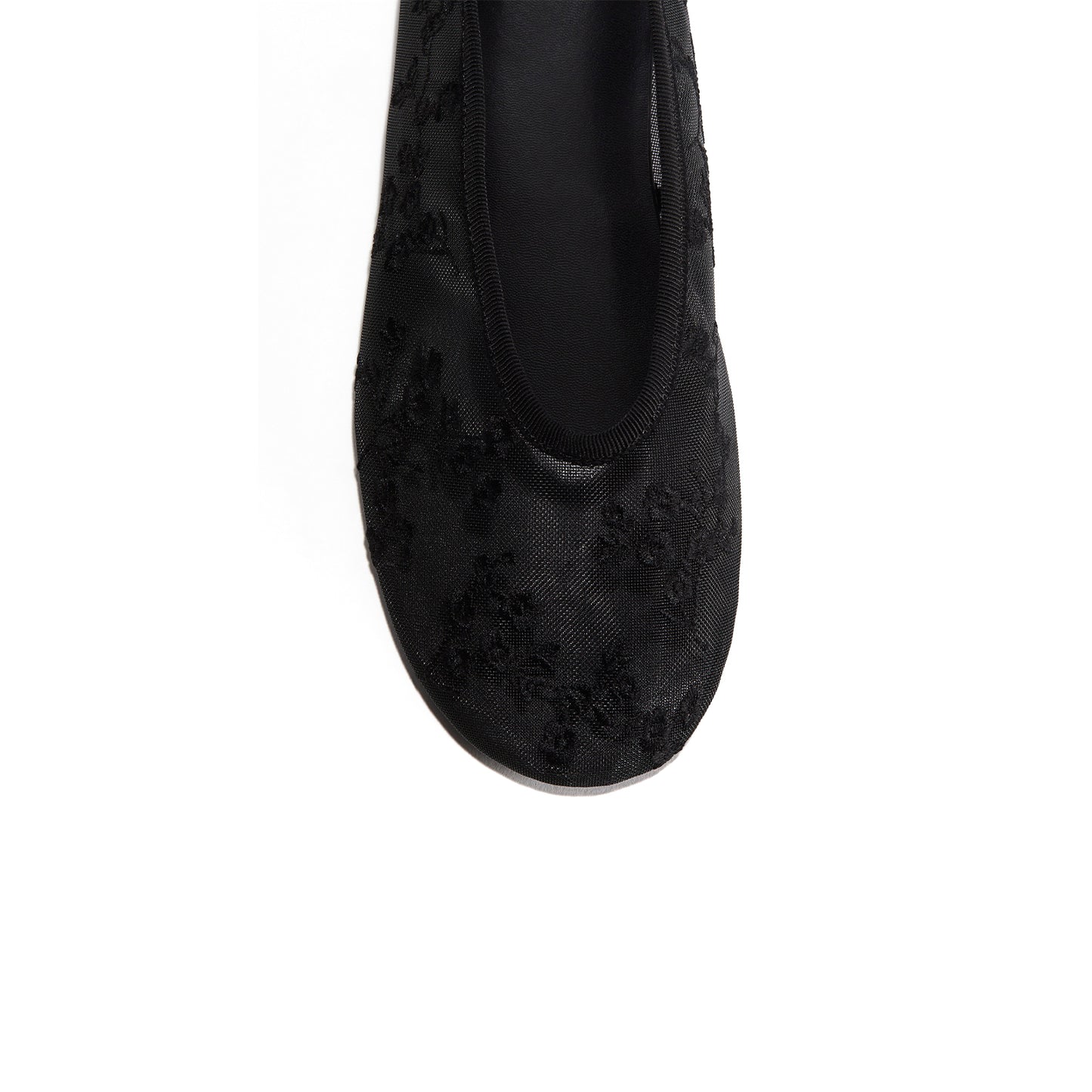 Black Mesh Round-Toe Floral Embroidery Ballet Flats