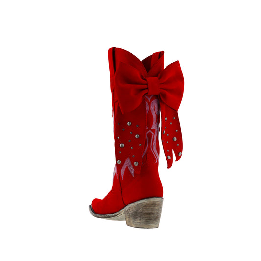 Red Pointed-Toe Embroidery Back Studded Bow Mid Calf Cowgirl Boots