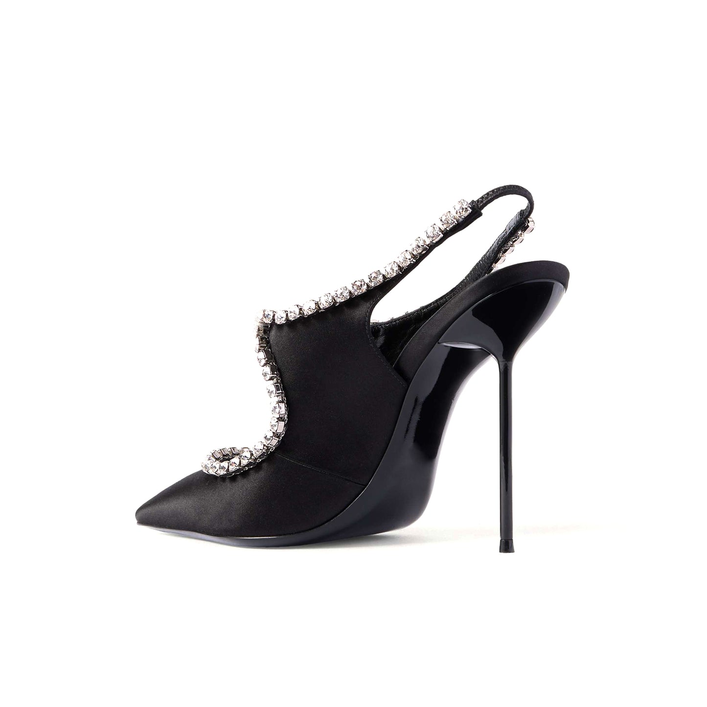 Black Satin Pointed-Toe Mary Jane Slingback High Heels With Crystals