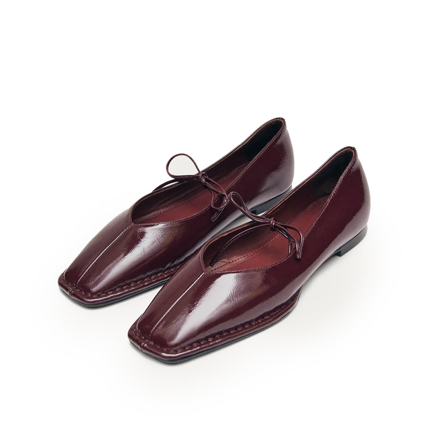 Patent Burgundy Square-Toe V-Cut Vamps Bridge Self-Tie Bow Ballet Flats